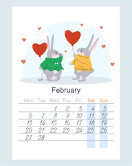 Pair of rabbits in love with heart shaped balloons. Valentine's Day at the hares. February 2023 calendar. Flat vector illustration. Eps10