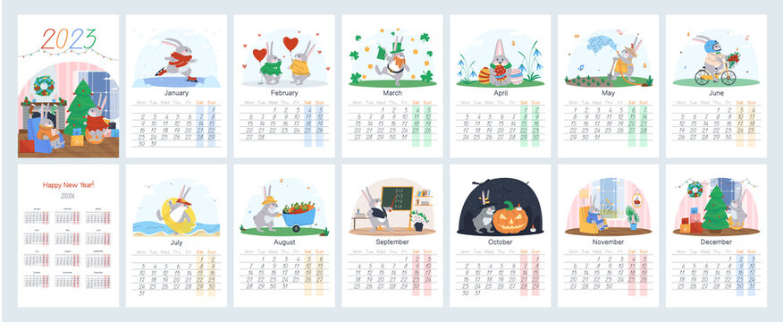 Calendar for 2023. Symbol of the year Rabbit in various scenes from life. Start of the week from Monday. Saturday and Sunday highlighted. Page with a calendar for 2024. Flat vector illustration. Eps10
