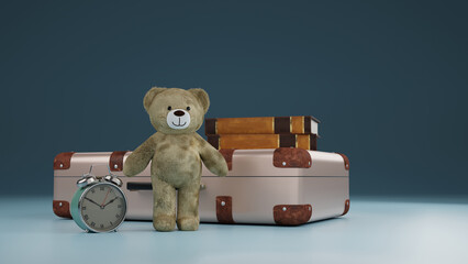 teddy bear standing near vintage suitcase, 3d rendering