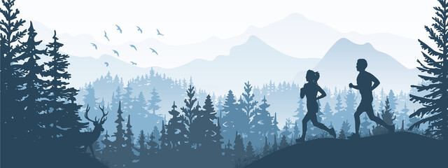 Silhouette of boy and girl jogging. Forest, meadow, mountains. Horizontal landscape banner. Blue illustration. 