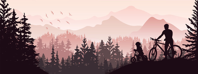 Fototapeta na wymiar Silhouette of father and child riding bikes in wild nature landscape. Forest and mountains in the background. Magical misty landscape. Banner. Horizontal illustration. 