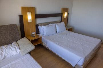 Beautiful view of the interior of a hotel room with a beds. Rhodes. Greece.