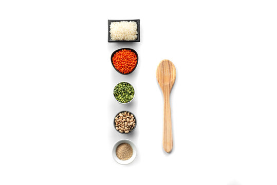 Ancient Grain Food Superfood Set. A Number Of Superfood Bowls On A White Background. An Alternative To Food Crisis Products. Healthy Eating Forgotten Grains. Ancient Grain Food