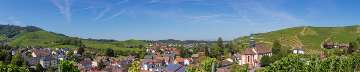 Fototapeta na wymiar Panoramic view of the city of Durbach, Germany with beautiful vineyards and blue sky, black forest area, near Baden-Baden