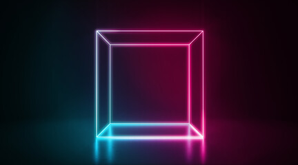 Blue and pink neon glowing box stand in darkness
