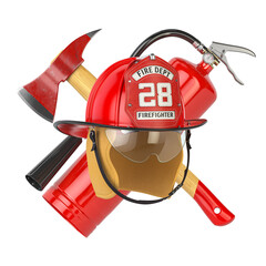 Obraz premium Fire Deprtment Emblem. Firefighter badge on a helmet with fire extinguisher and axe.