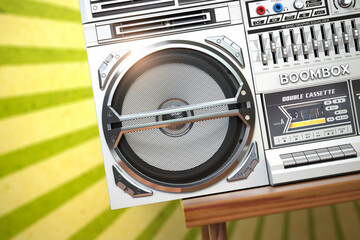 Retro ghetto blaster boombox, radio and audio tape recorder on vintage background. - obrazy, fototapety, plakaty