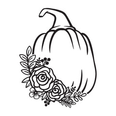 Pumpkin With Flower Monogram, Pumpkin - squash for Halloween or Thanksgiving line art icon	