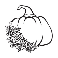 Pumpkin With Flower Monogram, Pumpkin - squash for Halloween or Thanksgiving line art icon	