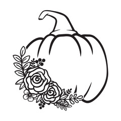 Pumpkin With Flower Monogram, Pumpkin - squash for Halloween or Thanksgiving line art icon	