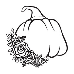 Pumpkin With Flower Monogram, Pumpkin - squash for Halloween or Thanksgiving line art icon	