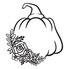 Pumpkin With Flower Monogram, Pumpkin - squash for Halloween or Thanksgiving line art icon	