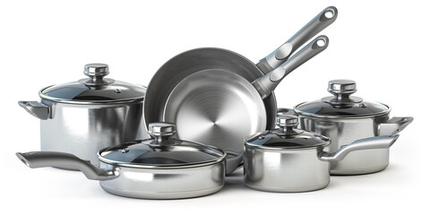 Set of stainless steel pots and pans isolated on white.