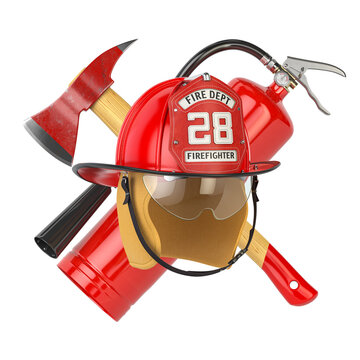 Fire Deprtment Emblem. Firefighter badge on a helmet with fire extinguisher and axe.