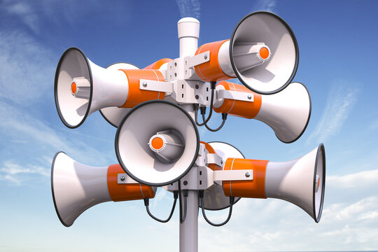 Megaphones and ublic speakers on a pole. Announcement, warning, promotion concept.