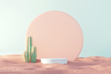 Pastel summer tropical background, White Podium with cactus on sand beach, Mock up for the exhibitions and display, Presentation of products, 3d render. - obrazy, fototapety, plakaty