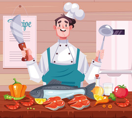 Man chef cooking and explain recipes concept. Vector graphic design cartoon illustration