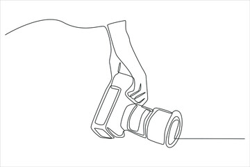 Continuous one line drawing Camera in hand. World photo day concept. Single line draw design vector graphic illustration.