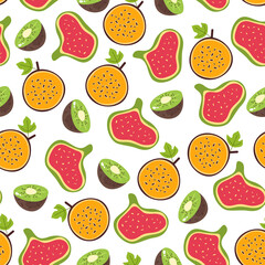 Exotic sweet half slice fruits seamless wrapping pattern cover concept. Vector graphic design cartoon illustration