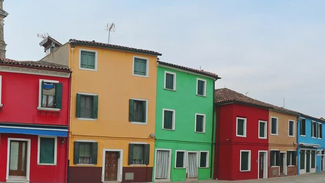HD movie of retro residential houses with colorful facades architecture on Burano island