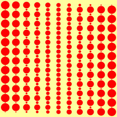 Surface pattern with symmetric geometric ornament. Round spots texture. Red circles abstract on yellow background. Polka dot motif. For digital paper, textile print, web design. Vector illustration