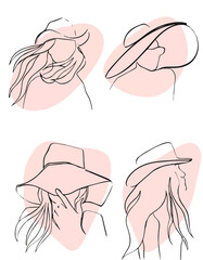 The girl in the hat. ; different girls in a hat. Contour girls minimalism
