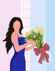 A girl with a bouquet of flowers. A girl with long hair. Summer flowers. A beautiful girl. A girl on a date