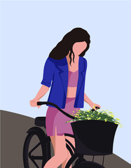 illustration of a girl, summer, a girl on a bike, sports, a girl with flowers