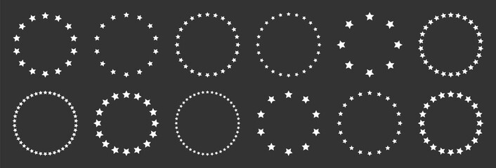White stars of various sizes arranged in a circle. Round frame, border. Black star outline, simple symbol. Design element, ornament. Line art. Vector illustration