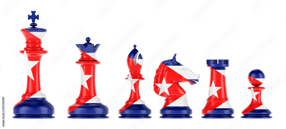 Poster chess figures with cuban flag, 3d rendering isolated on white background