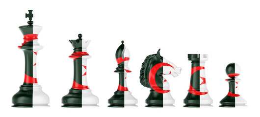 Chess figures with Algerian flag, 3D rendering