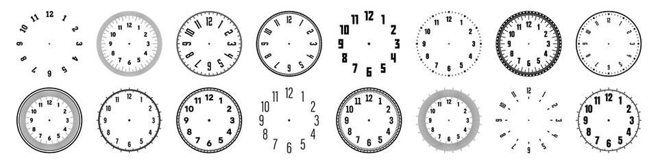 Mechanical clock faces with arabic numerals, bezel. Watch dial with minute, hour marks and numbers. Timer or stopwatch element. Blank measuring circle scale with divisions. Vector illustration