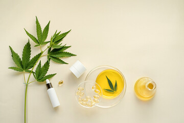 Skin care cosmetics with CBD oil and cannabis in a white mock-up package