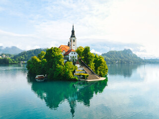 Bled, Slovenia, Slovenija - Aerial view of Lake Bled, Blejsko Jezero with the Pilgrimage Church of...