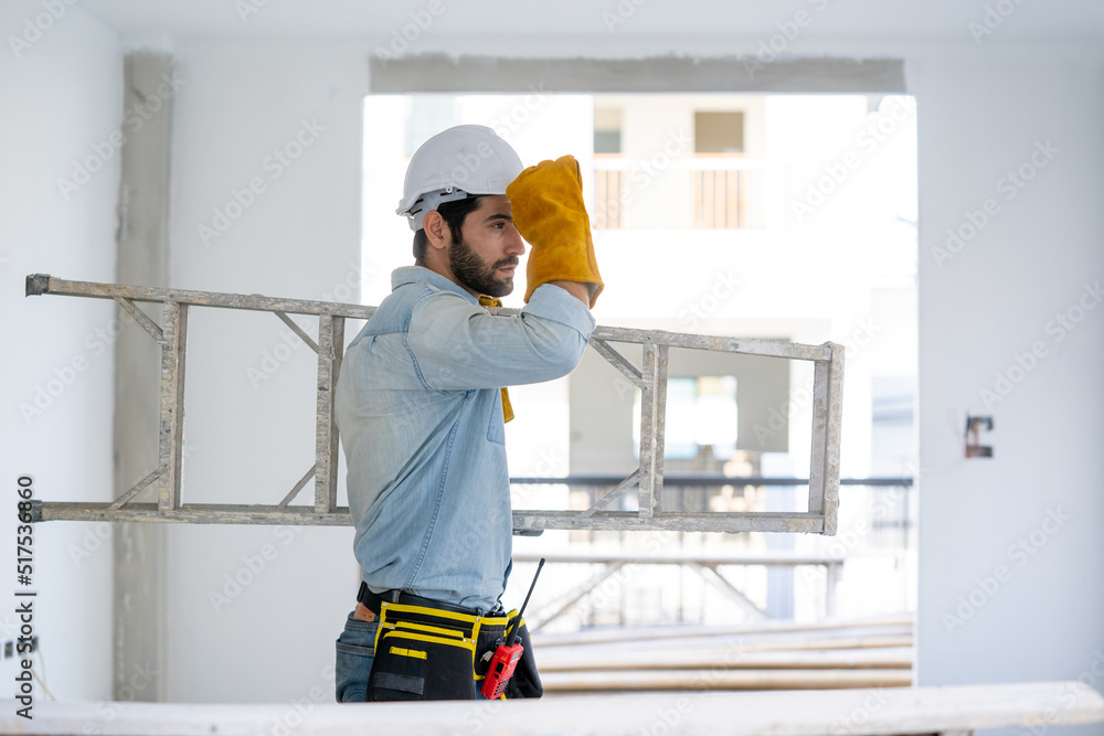 Poster Maintenance technicians install wiring in the home,Electrician working working on building site,Repair and handyman concept.