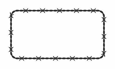Vector illustration of barbed wire isolated on white background. Rectangular shape frame from twisted barbwire. Security fence backdrop.  - obrazy, fototapety, plakaty