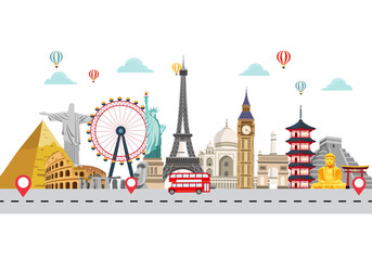 travel and tours background. tourism poster landmark around the world. road trip holiday vacation. airplane and time to travel banner. journey trip concept. vector illustration in flat style.