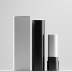 illustration of a cosmetic container of black lipstick with a white box a front view 3d render