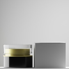 illustration of a container black jar with glass cap and white box a front view 3d render