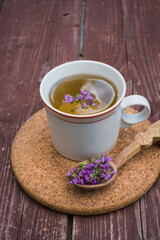 Wild thyme tea. Cup of fresh herbal tea with thymus serpyllum.