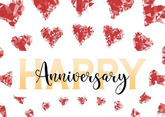 Happy Anniversary writing with heart background, colorful, cheerfull, invitation card, celebration banner