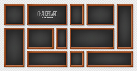 Realistic various chalkboards in a wooden frame. Black restaurant menu board. School blackboard, writing surface for text or drawing. Blank advertising or presentation boards. Vector illustration © 32 pixels