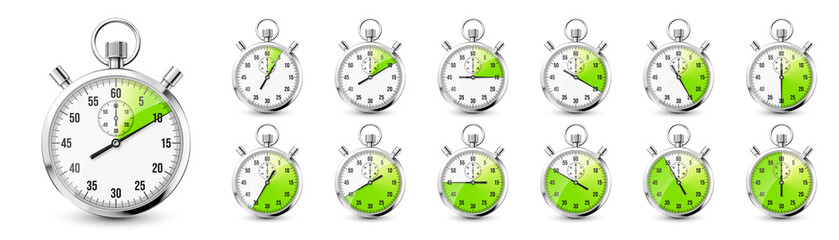 Realistic classic stopwatch icons. Shiny metal chronometer time counter with dial. Green countdown timer showing minutes and seconds. Time measurement for sport, start and finish. Vector illustration
