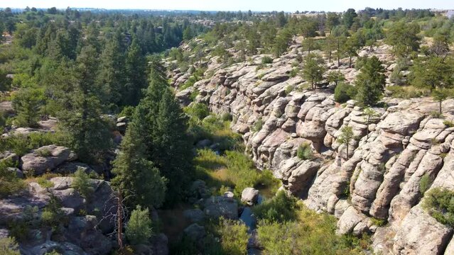 Aerial drone of rock formations at Castlewood Canyon State Park in Douglas County, Colorado