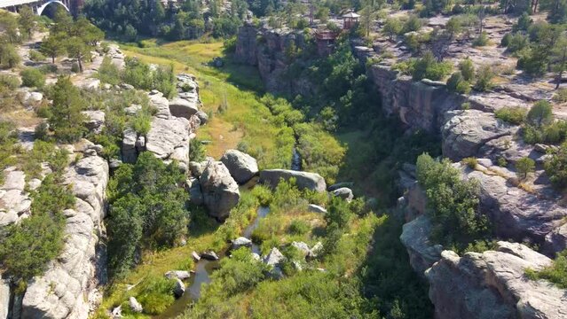 Aerial drone of rock formations at Castlewood Canyon State Park in Douglas County, Colorado