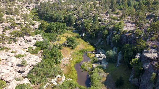 Aerial drone of rock formations at Castlewood Canyon State Park in Douglas County, Colorado