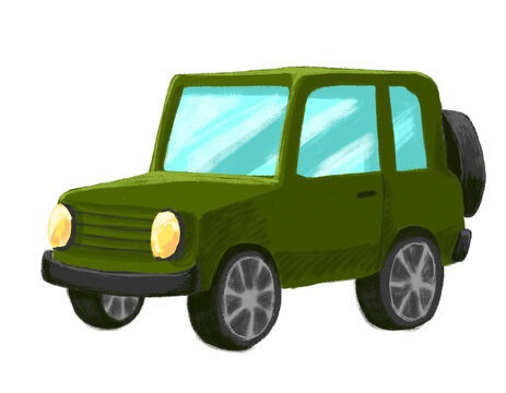 Advanture green car off road style cartoon drawing illustration art