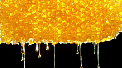 Honey dripping from honey comb on black background.