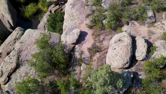 Aerial drone of rock formations at Castlewood Canyon State Park in Douglas County, Colorado