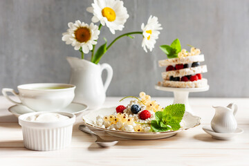 Homemade cottage cheese and ripe white currants. Healthy breakfast